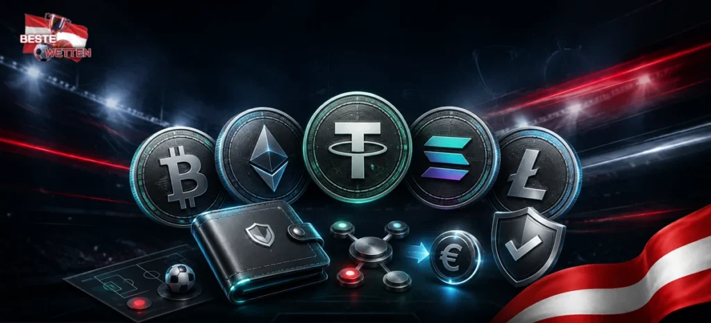 Akzeptierte Kryptowährungen für Wetten: BTC, ETH, USDT, SOL und LTC